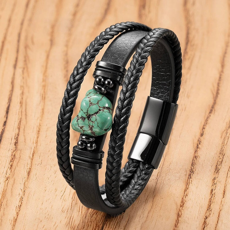 Black Braided Leather Bracelet with Green Jade Beads - Stylish Multi-Layer Magnetic Clasp Jewelry for Casual Wear and Gifts Style-A