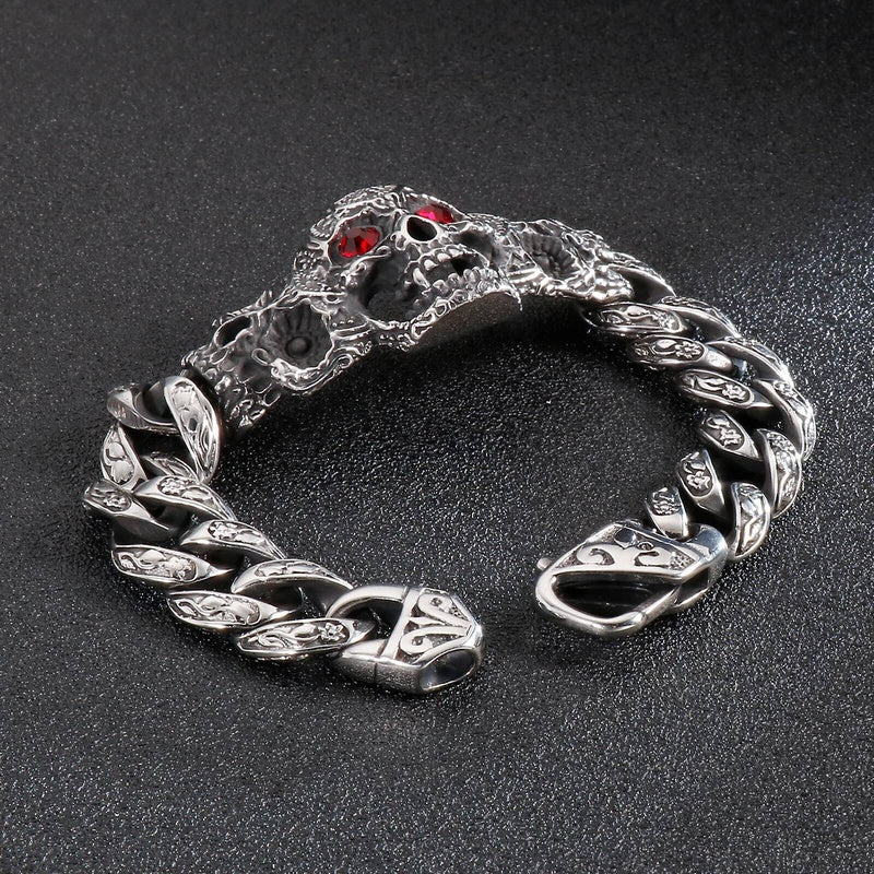 Stainless Steel Red Eye Skull Bracelet Men With Vintage Cuban Chain