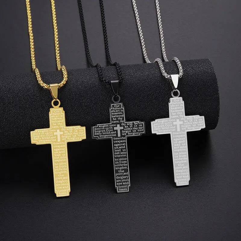 316L Stainless Steel Cross Necklace Men For Jesus Chain Pendant Protect Jewelry Religion Accessories Male