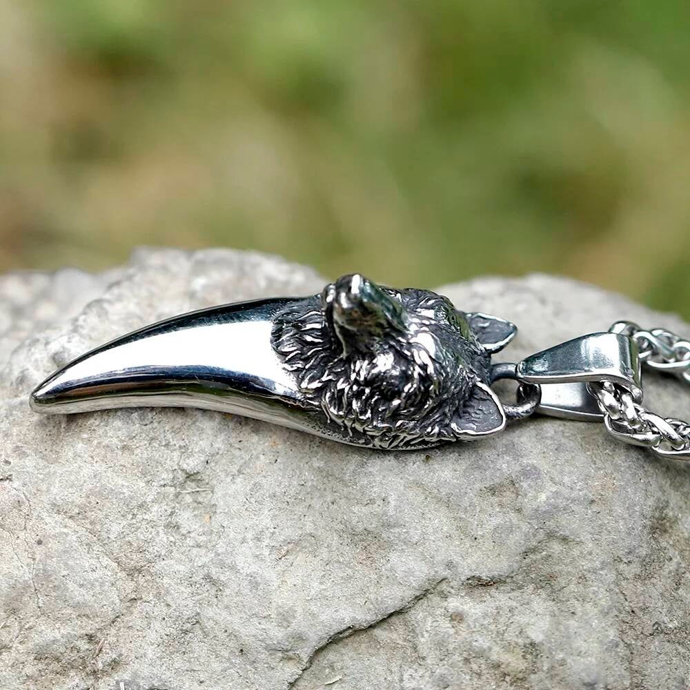 316L Stainless Steel Viking Wolf Head Fang Pendant Necklace for Men Women
