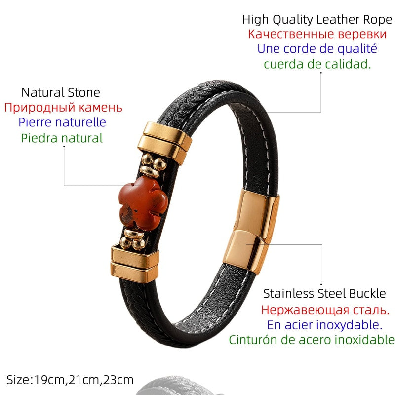 Black Braided Leather Bracelet with Green Jade Beads - Stylish Multi-Layer Magnetic Clasp Jewelry for Casual Wear and Gifts