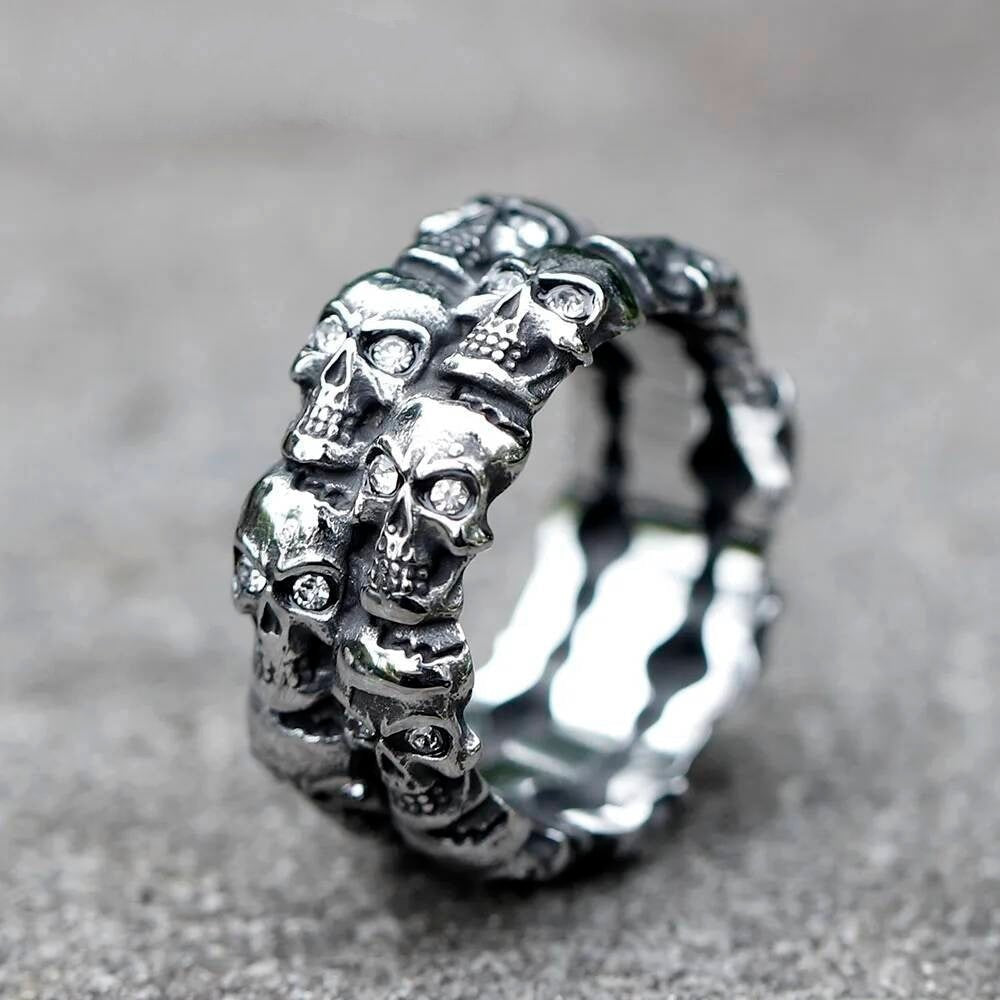 Aegishjalmur Zircon Skull Ring - Viking Symbol Stainless Steel Gothic Jewelry