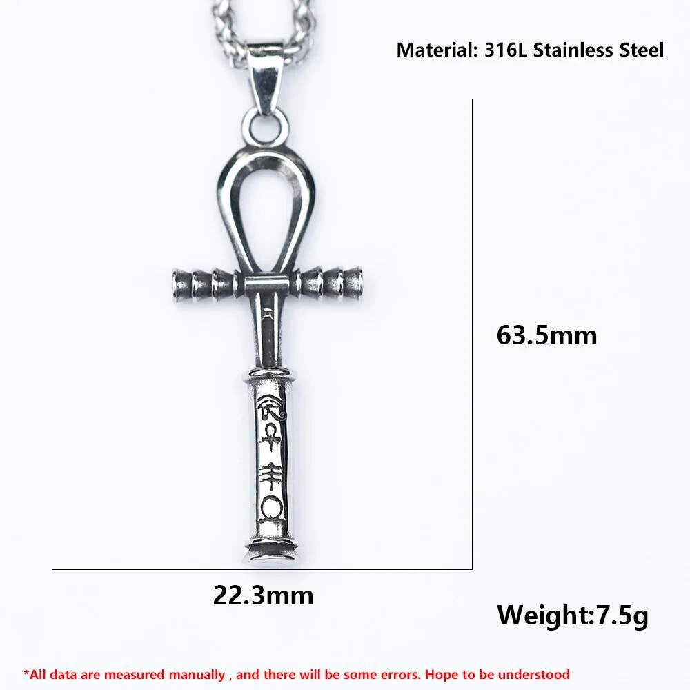 Ankh Cross Pendant Necklace, Silver Egyptian Jewelry with Hieroglyphic Detail
