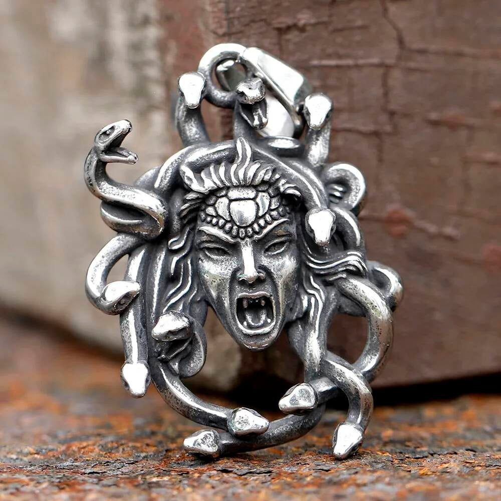 Medusa Pendant Necklace, Silver Gothic Jewelry with Snake Hair Design