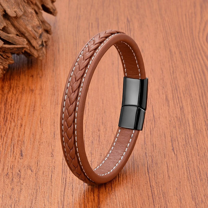 Vintage Men Europe and America Stainless Steel Magnet Open Bangle Multi-Size Woven Leather Hand Rope Classic Party Gift Present Style H-Black