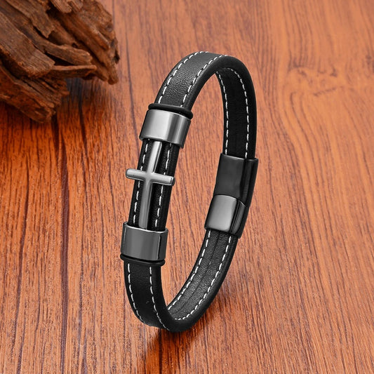 Stainless Steel Cross Men's Bracelets Leather Rope Chain for Men Quality Jewelry Accessories For Women Dropshipping Black Gun Plated