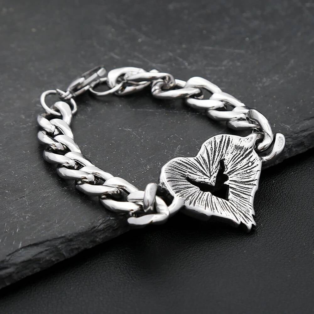 Angel Wing Heart Bracelet – 316L Stainless Steel Chain Link Bracelet with Gothic Winged Heart Pendant for Men & Women