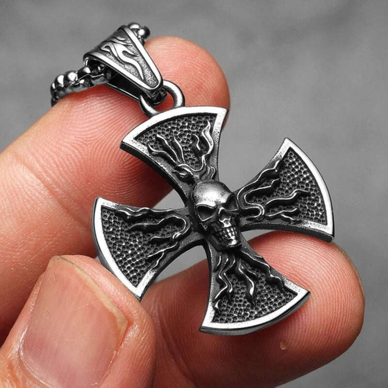 316L Stainless Steel Iron Cross Skull Pendant Necklace