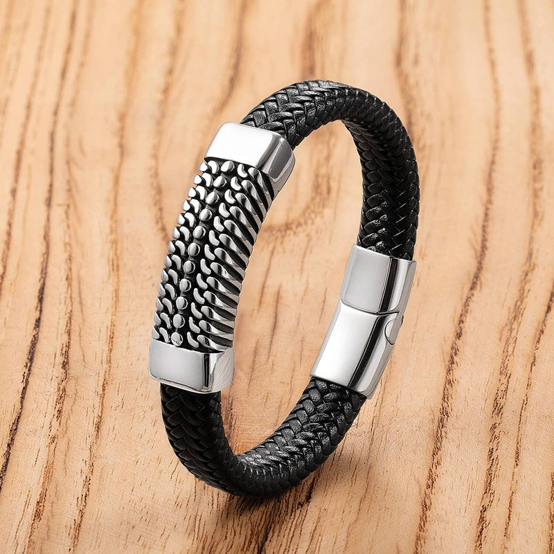 Personality Punk Black High Quality Hand Braided Leather Stainless Steel Charm Bracelet Men Bangle Couple Rock Fashion Jewelry Style-A