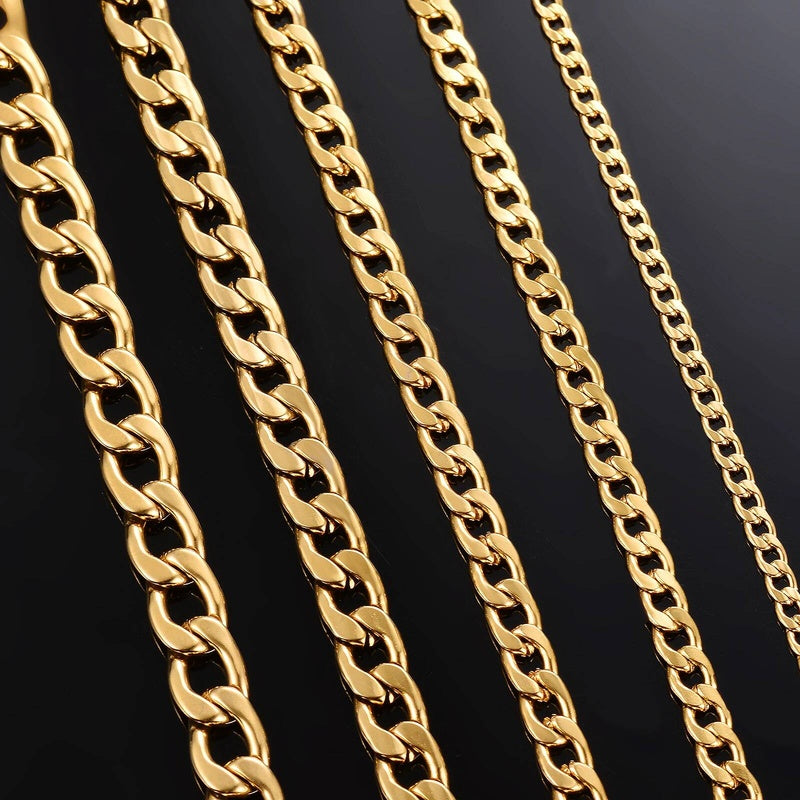 1 piece Length 21cm-100cm Gold Color Flat Necklace 3mm-9.5mm Stainless Steel Curb Link Chain for Men Women
