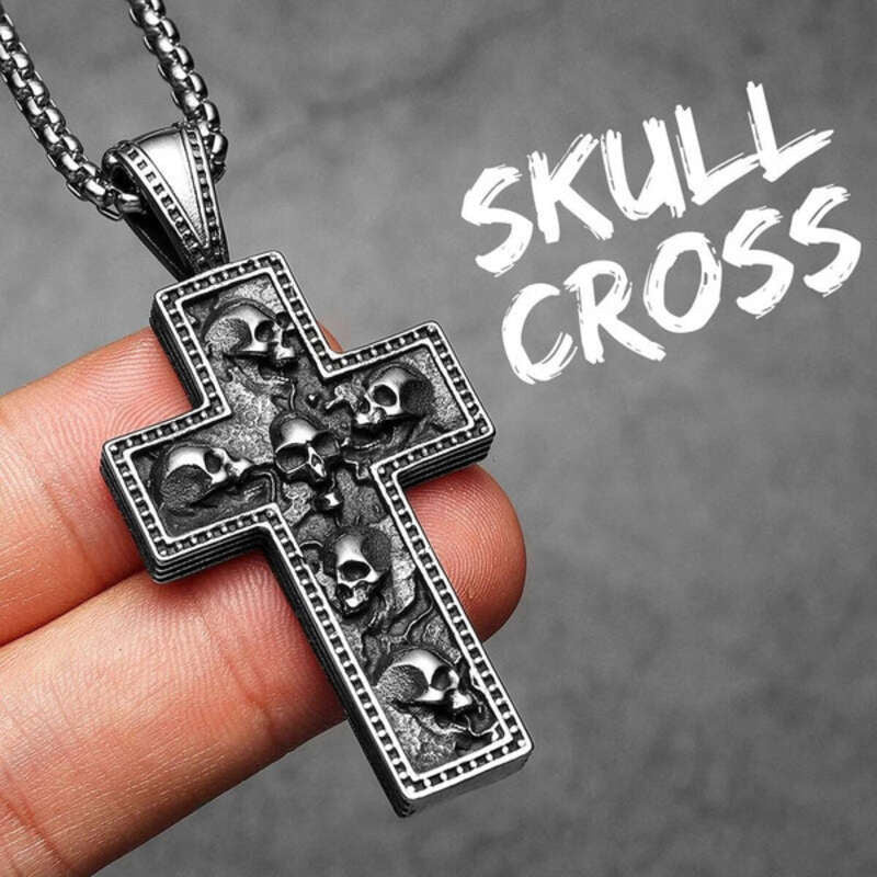 316L Stainless Steel Reversible Skull Cross Pendant Necklace N1354-With Chain