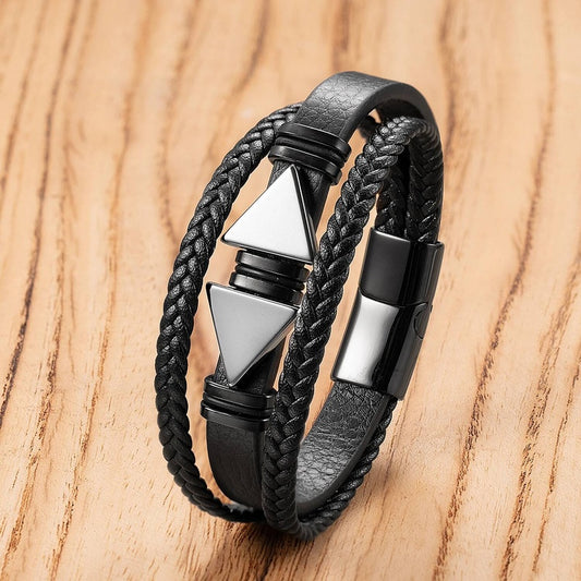 Trendy Black Leather Stone Men Jewelry Stainless Steel Bracelets For Male Women Valentine Day Wrist Bangle Gifts Style-A