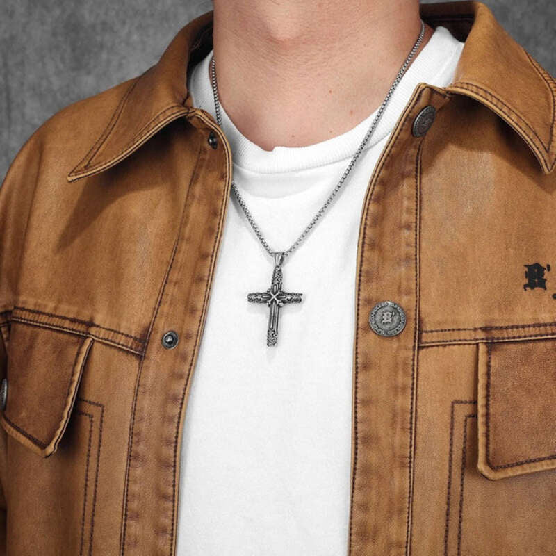 316L Stainless Steel Engraved Gothic Cross Pendant Necklace for Men