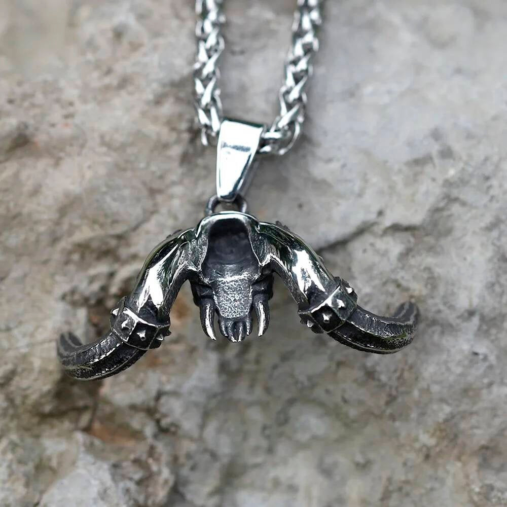 Skull with Horns Pendant Necklace, Gothic Silver Jewelry with Winged Design