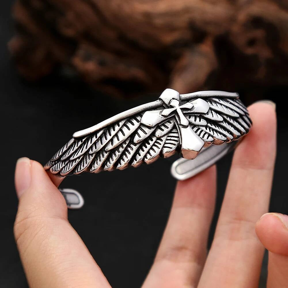 Angel Wings Cross Bangle – Gothic Stainless Steel Bracelet