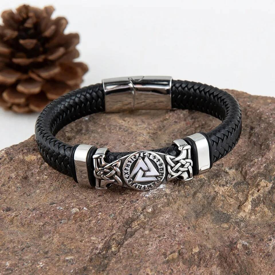 Viking Rune Leather Bracelet – Norse Symbol Stainless Steel & Braided Leather Wristband