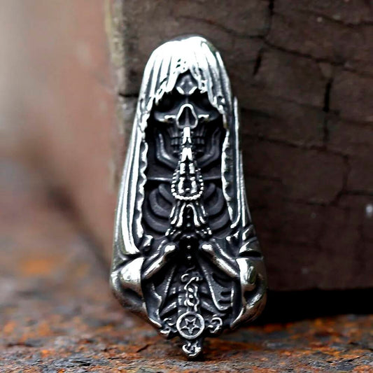 316L Stainless Steel Hooded Skull Prayer Pendant Necklace Men