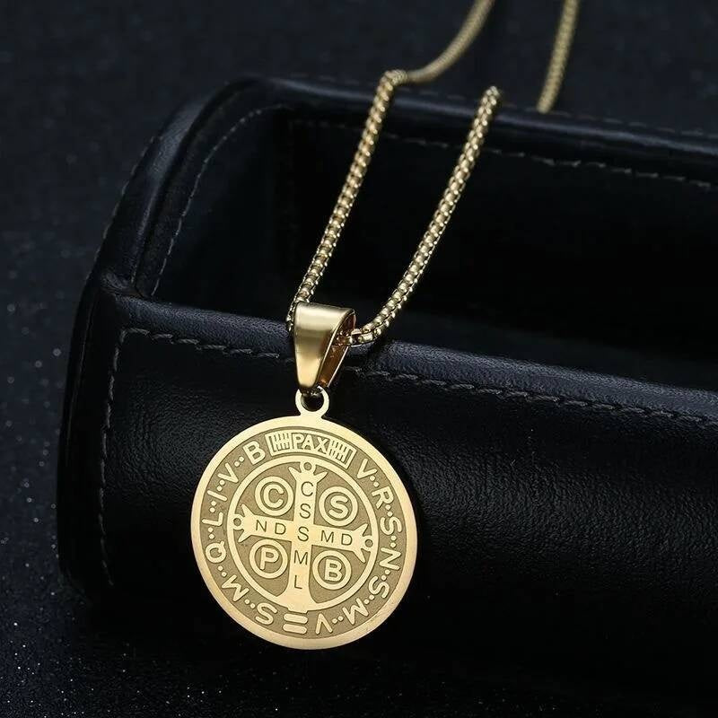 316L Stainless Steel San Benito Medal Pendant Chain Necklace Father Saint Benedict Religious Jewelry Accessories