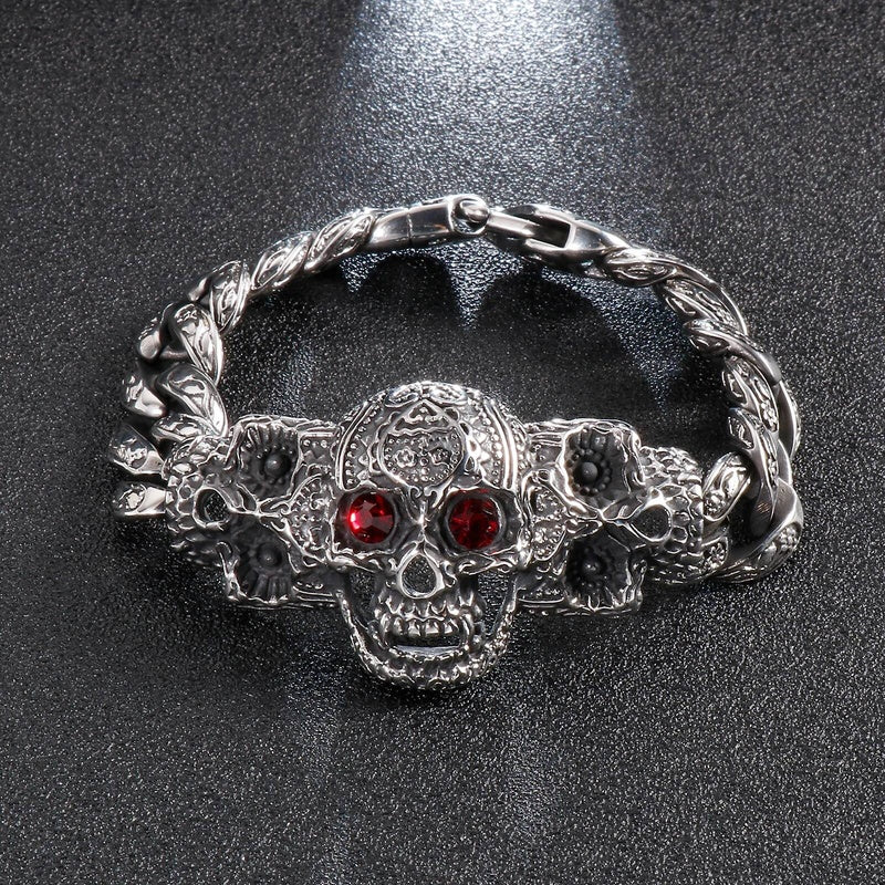 Stainless Steel Red Eye Skull Bracelet Men With Vintage Cuban Chain