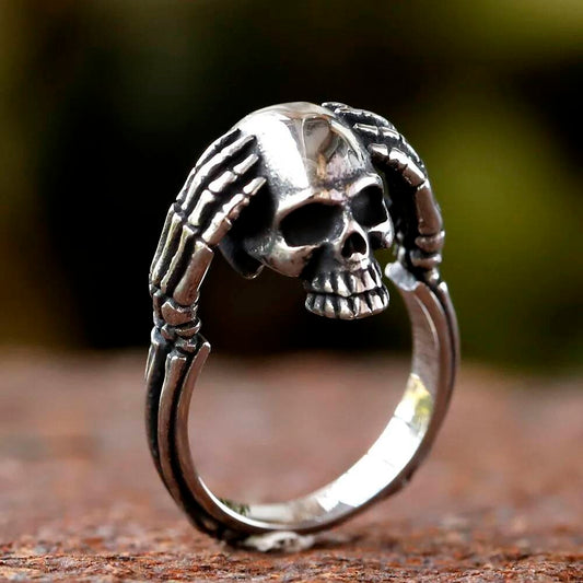 Vintage Hinged Skull Cuff Ring - Gothic Hip Hop Fashion Jewelry for Women