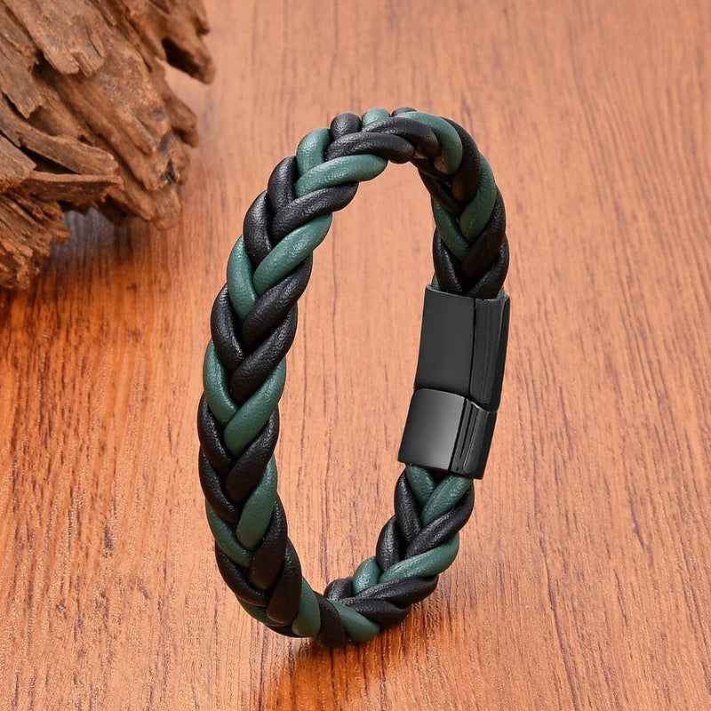 Retro Punk Style Men Gift Jewelry Braided Leather Rope Bracelets Stainless Steel Magnetic Buckle Personalized Bracelet Style D-Black