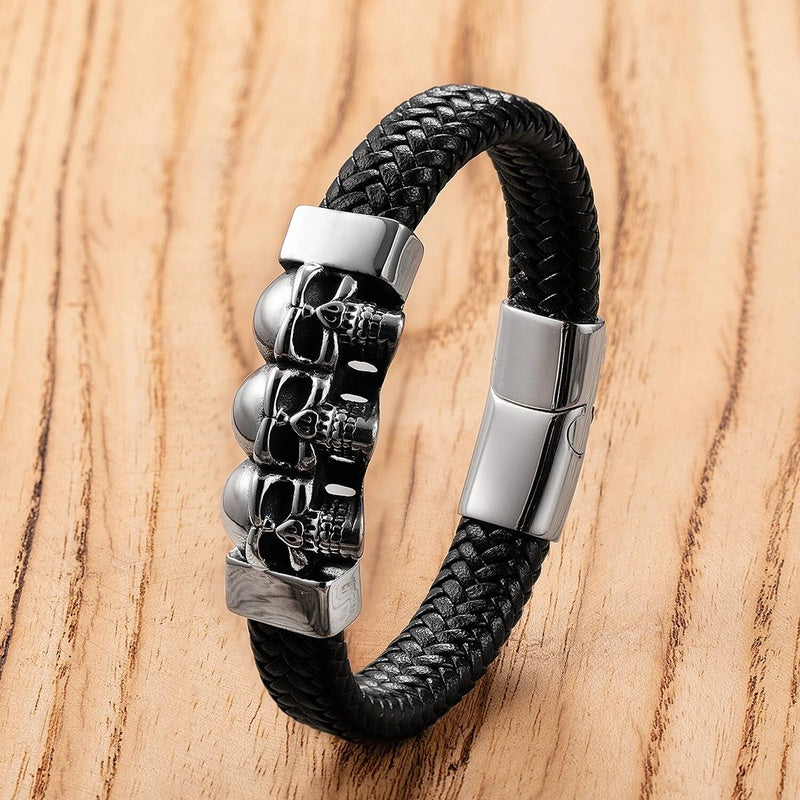 Men's Black Leather Skull Bracelet for Edgy Style Style-E