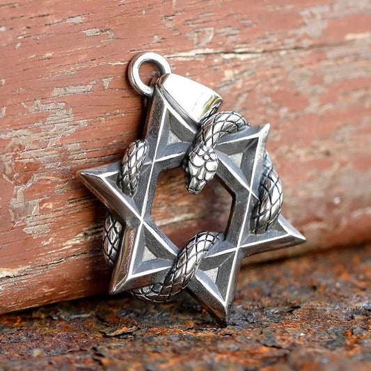 Hexagram Snake Pendant – Stainless Steel Occult Star Necklace
