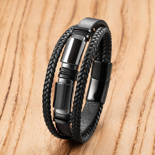 Black Braided Leather Bracelet with Green Jade Beads - Stylish Multi-Layer Magnetic Clasp Jewelry for Casual Wear and Gifts Style-A