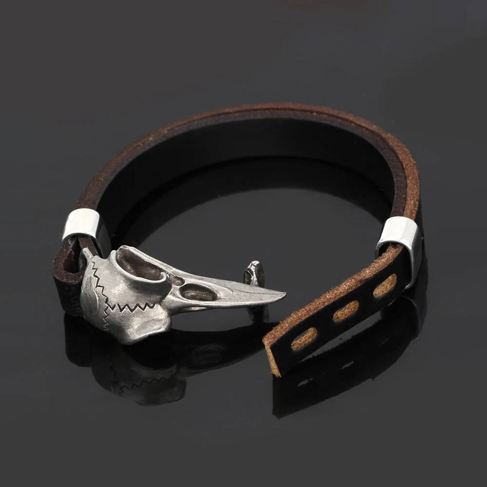 Gothic Raven Skull Bracelet – Leather Strap with Stainless Steel Crow Head
