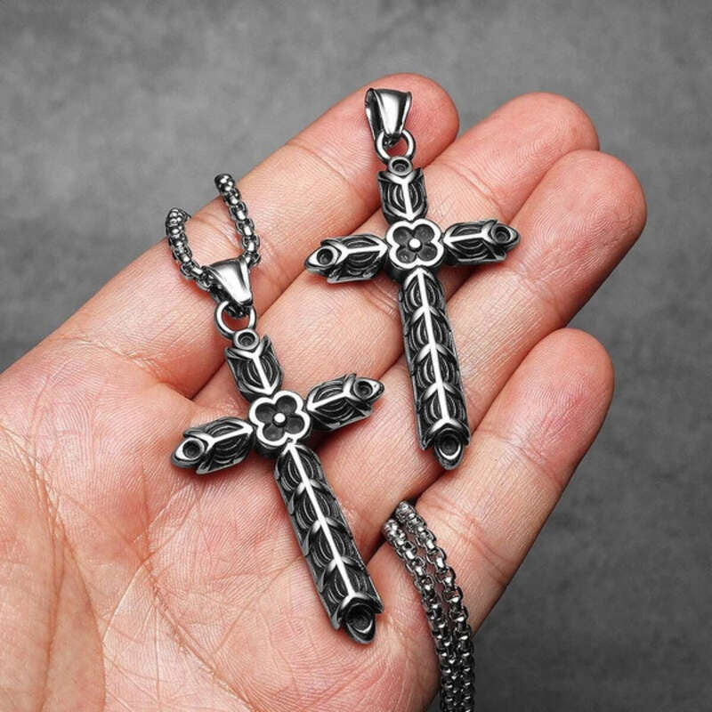 316L Stainless Steel Flower Cross Pendant Necklace for Men