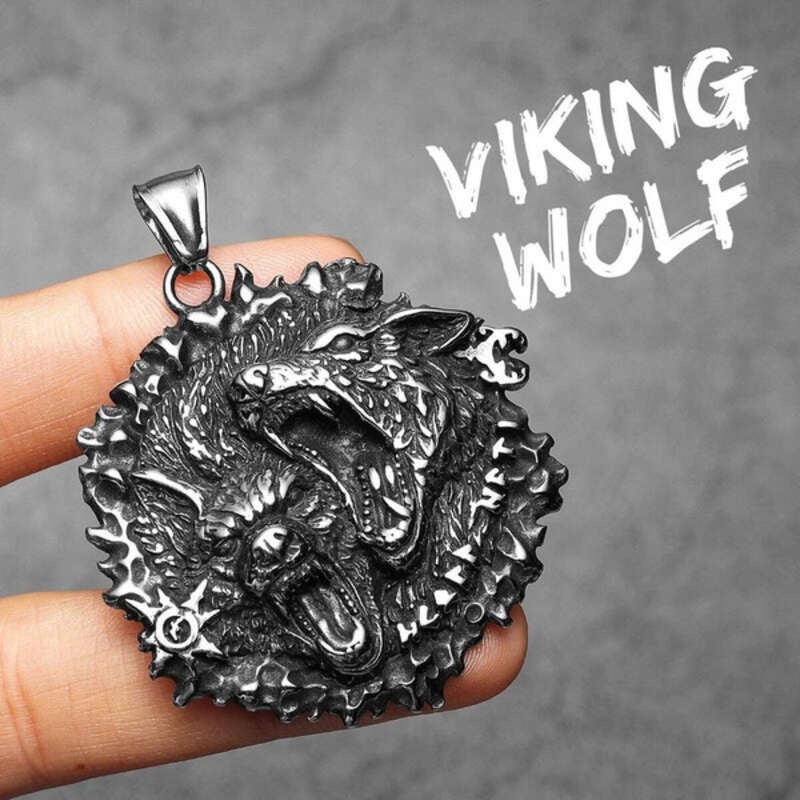 Viking Double Wolf Head Pendant Necklace – 316L Stainless Steel Norse Amulet N1493-Only Pendant