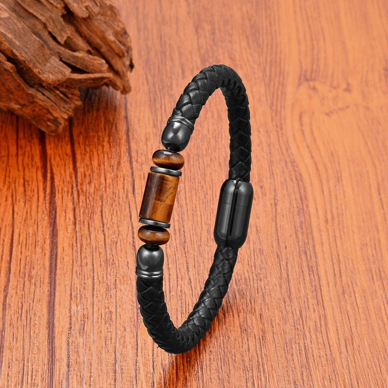 Black Braided Leather Bracelet with Green Jade Beads - Stylish Multi-Layer Magnetic Clasp Jewelry for Casual Wear and Gifts Tiger Eyes Stone