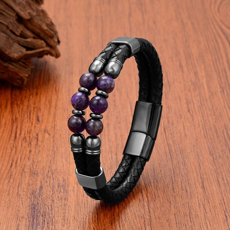 Black Braided Leather Bracelet with Green Jade Beads - Stylish Multi-Layer Magnetic Clasp Jewelry for Casual Wear and Gifts Black-Amethyst