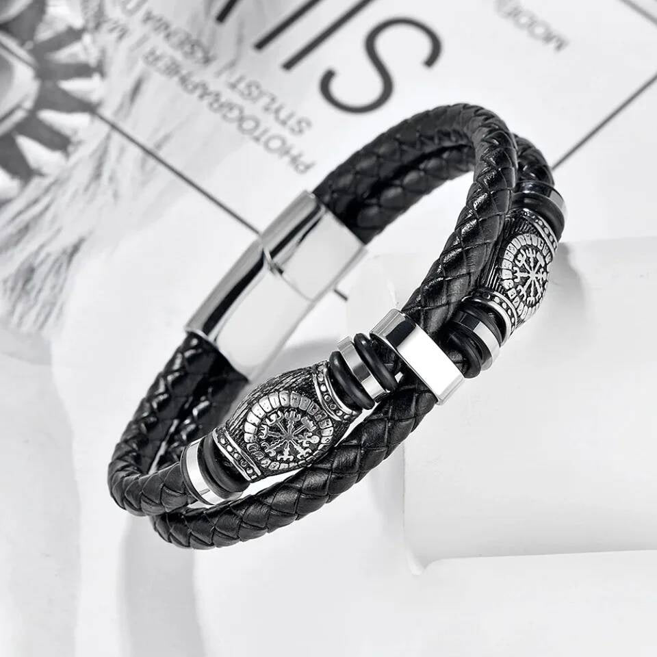 Viking Vegvisir Leather Bracelet – Nordic Compass Double Layer Wristband