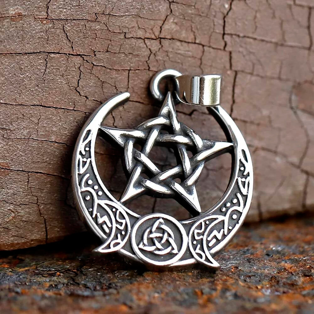 Celtic Moon Pentagram Pendant Necklace – Stainless Steel Wiccan Amulet