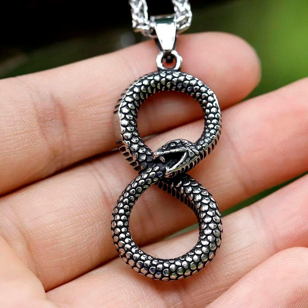 Snake-Inspired Infinity Pendant Necklace, Silver Tribal Jewelry with Scaled Design