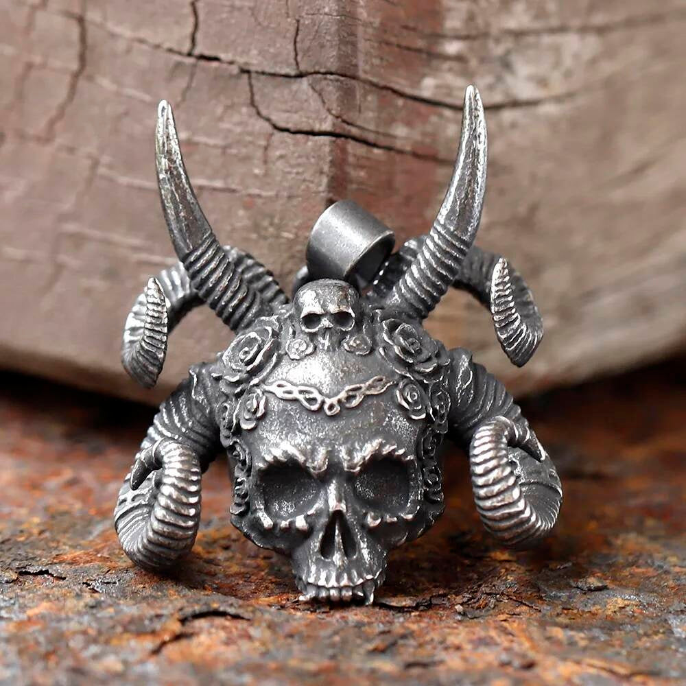 Demon Ram Skull Pendant – Gothic Horned Skull Necklace