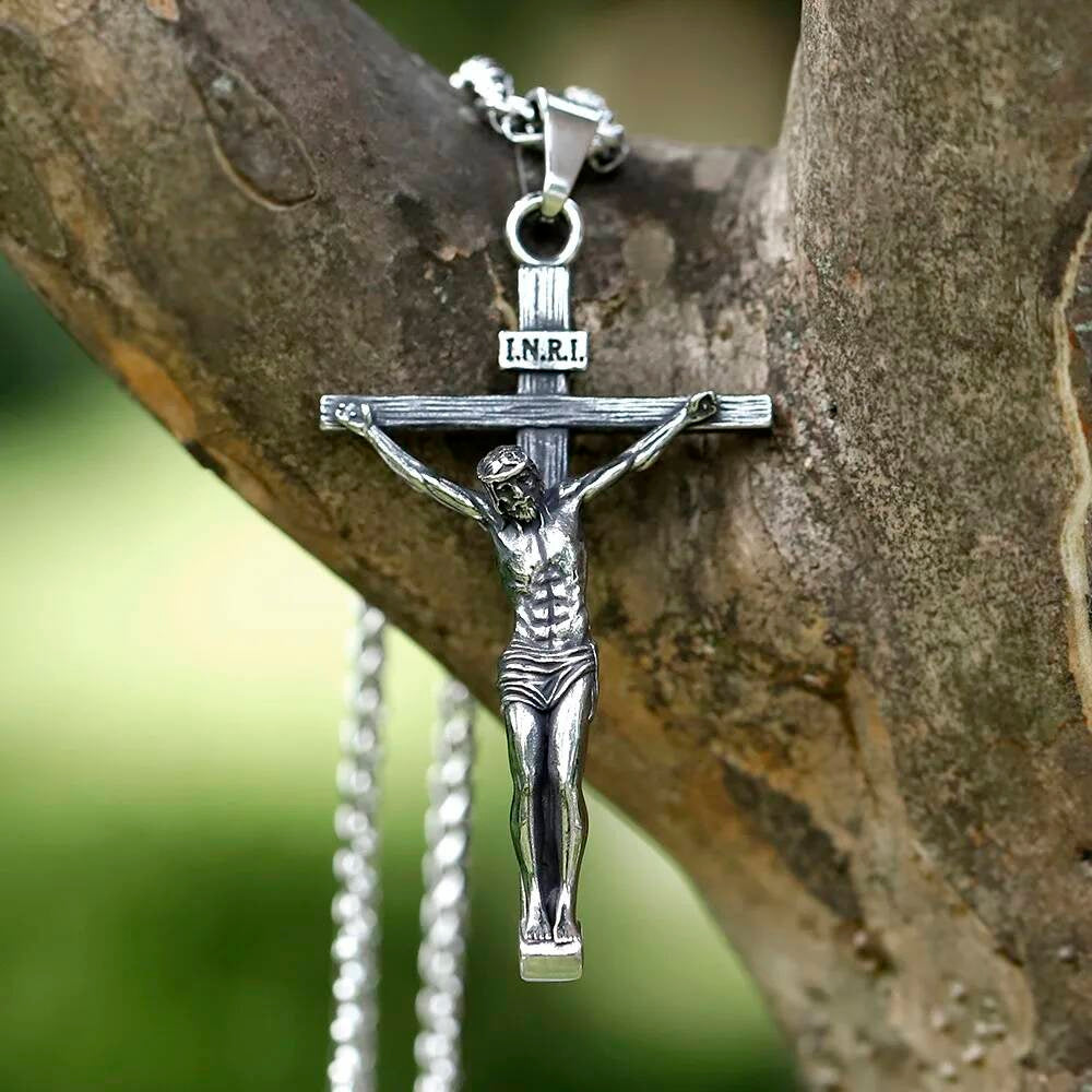 Men's 316L Stainless Steel Jesus Cross Pendant Necklace Religious Punk Jewelry LP-994 CN