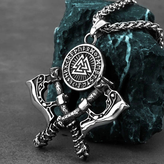 Viking Double Axe & Valknut Rune Necklace – Norse Warrior Stainless Steel Pendant 60CM Chain