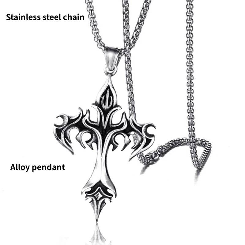 Vintage Flame Cross Pendant 60Cm Length Chain Necklace For Men Women Goth Jewelry Accessories 1 60cm