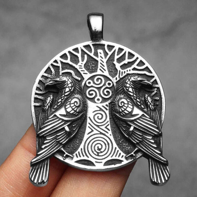 Odin’s Ravens Pendant – Huginn & Muninn Viking Necklace with Yggdrasil & Triskelion