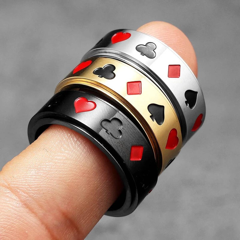 Lucky Poker Fidget Spinner Ring 316L Stainless Steel Punk Jewelry for Men