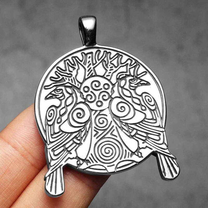 Odin’s Ravens Pendant – Huginn & Muninn Viking Necklace with Yggdrasil & Triskelion