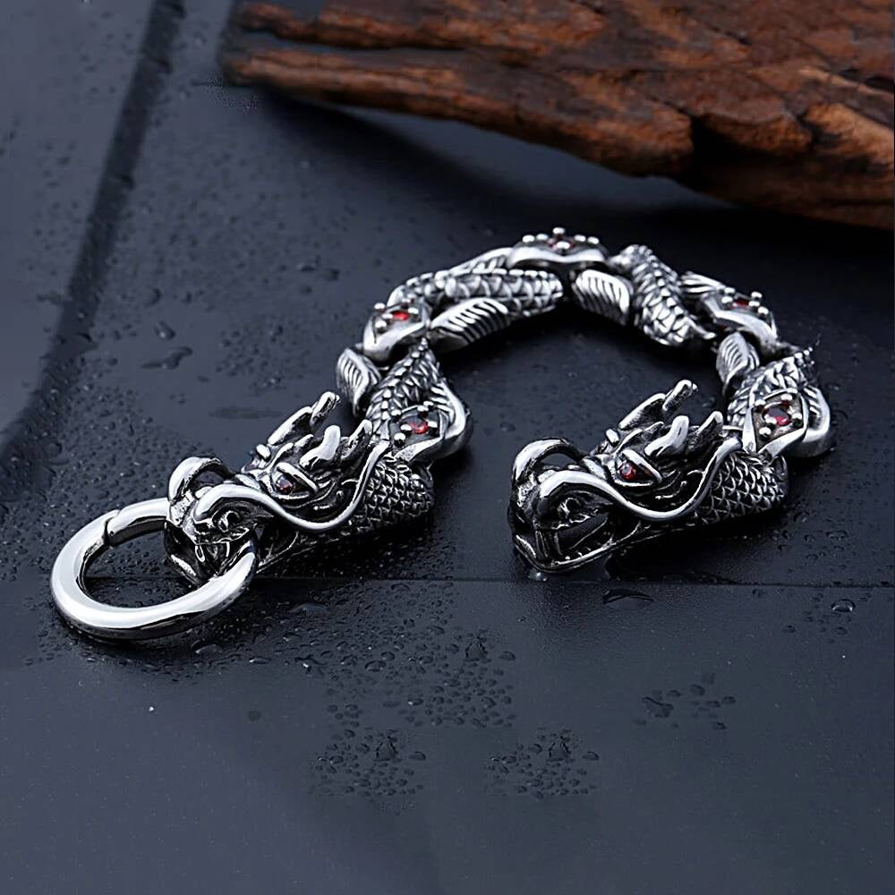 Viking Dragon Head Chain Bracelet with Red Gem Eyes – Stainless Steel