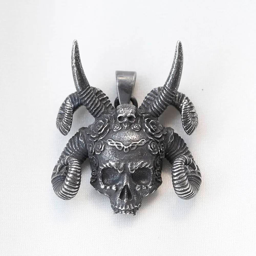 Demon Ram Skull Pendant – Gothic Horned Skull Necklace