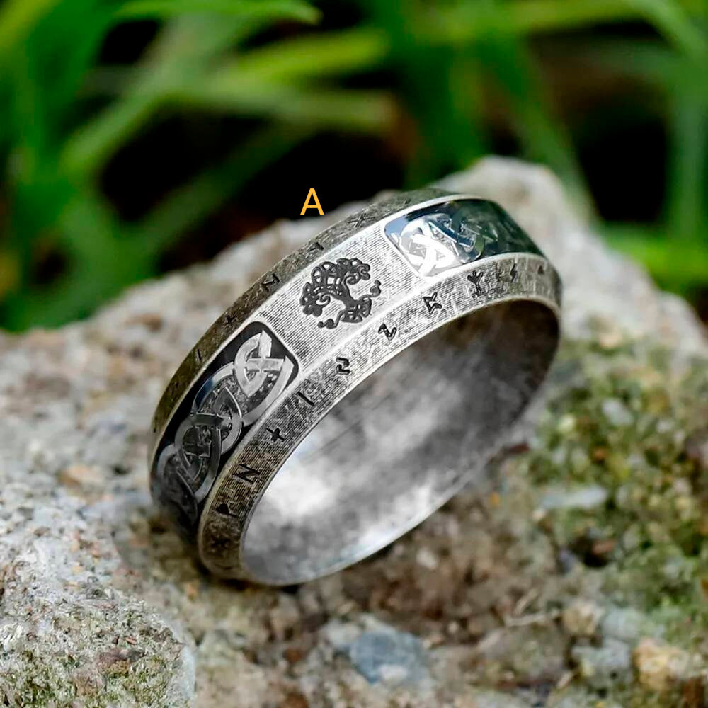 Rune-Enscribed Tree of Life Ring – 316L Stainless Steel Viking Amulet