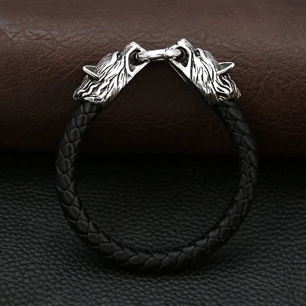 Viking Wolf Head Leather Bracelet – Norse Mythology Jewelry