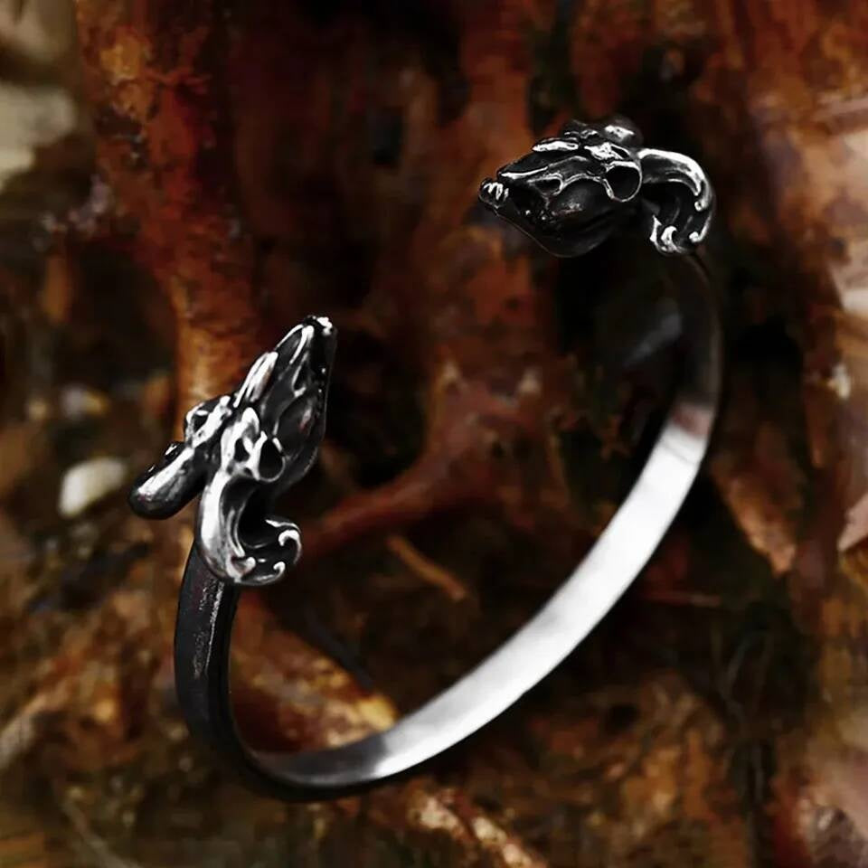 Viking Wolf Head Open Bangle – Stainless Steel Norse Bracelet