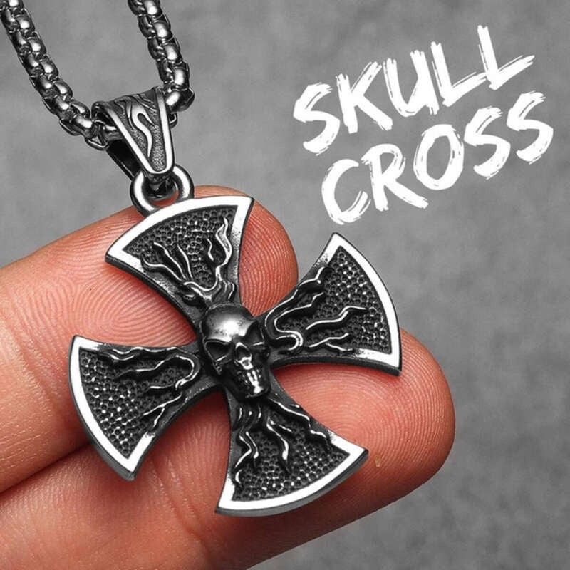 316L Stainless Steel Iron Cross Skull Pendant Necklace N1363-With Chain
