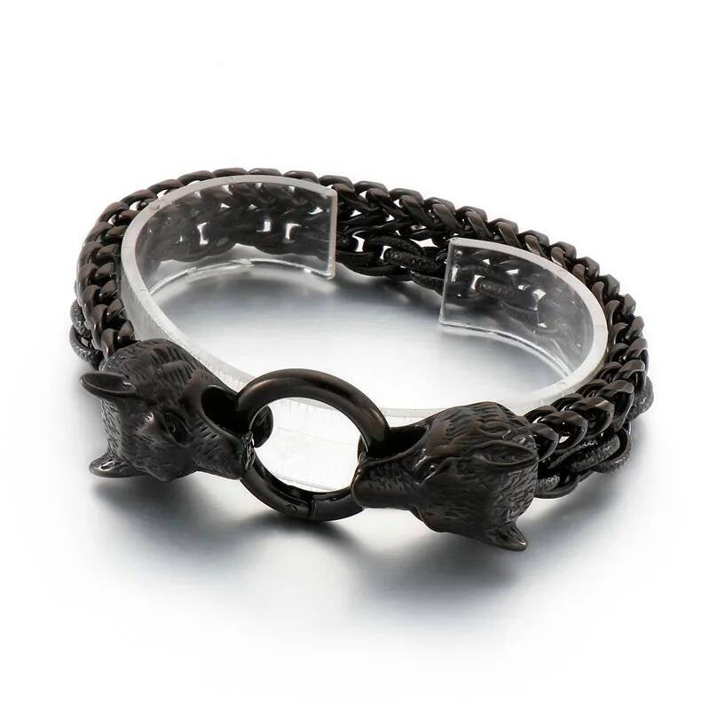 Multi-Color Wolf Bracelet Men Stainless Steel 316L Animal Head Bone Double Layer Chain Jewelry KB152516-KFC 22cm